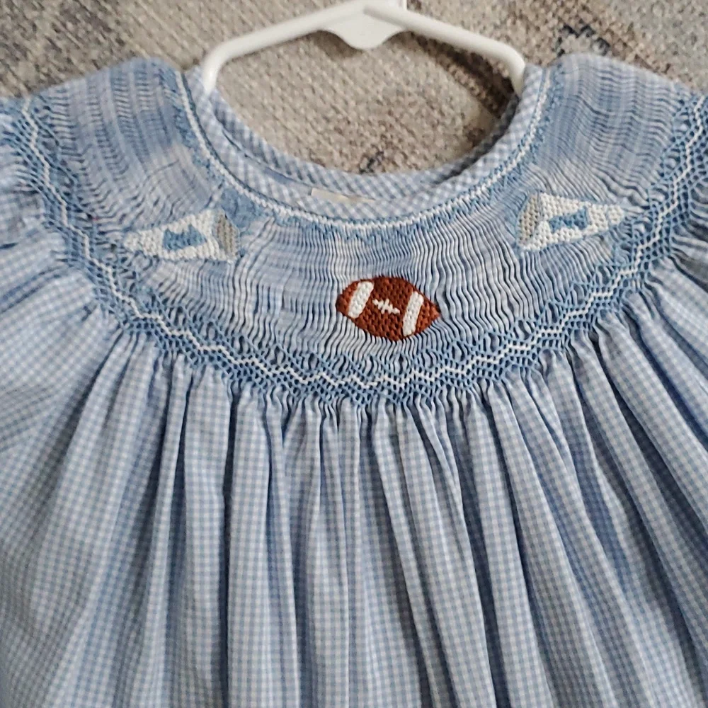 Rosalina Smocked Embroidered Blue Gingham Football Bishop Dress Sz4T